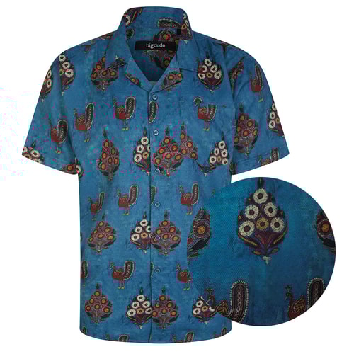 Bigdude Relaxed Collar Peacock Print Short Sleeve Shirt Denim